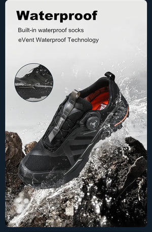 Chaussures de trail Humtto "RKT Explosive force" pour femmes, blanches et grises, avec semelle noire, accents jaunes et roses, laçage à bouton tournant et technologie Event® Dynamic Waterproof.