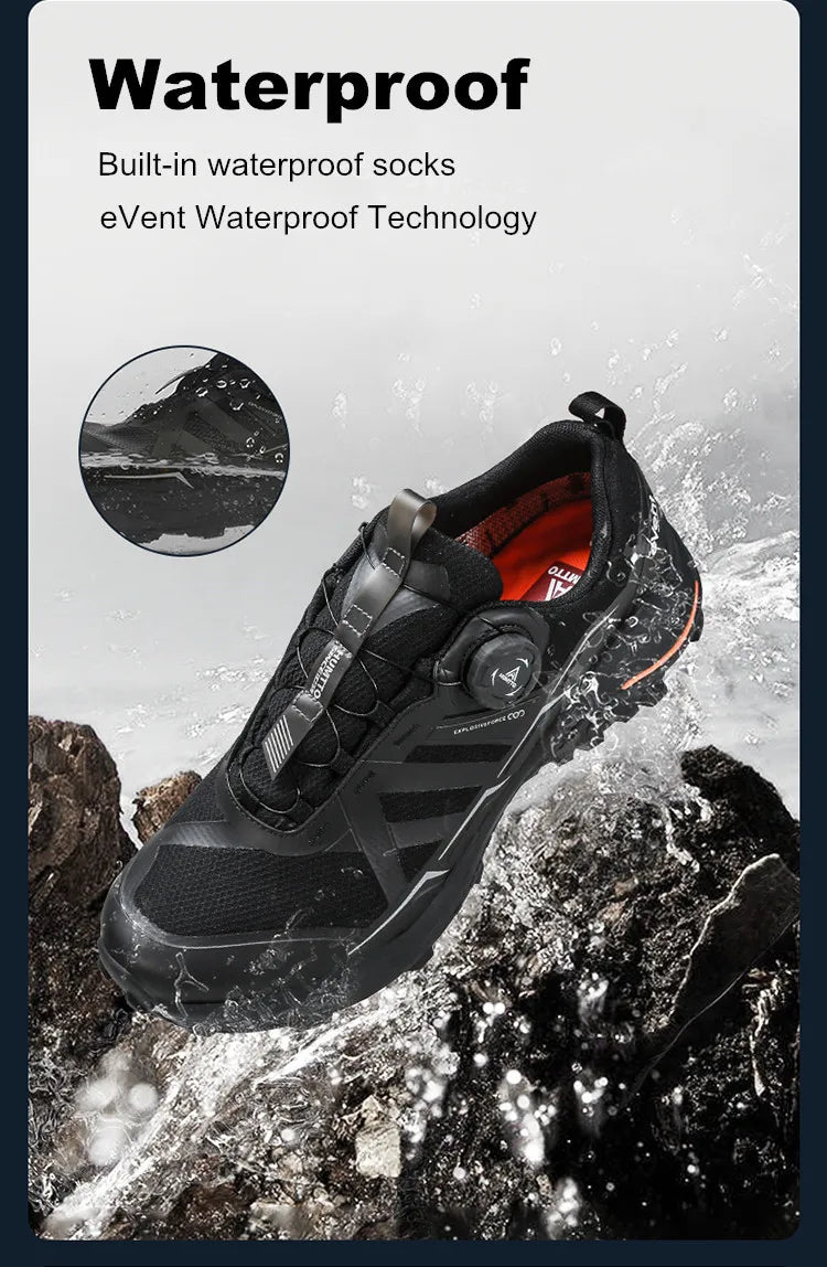 Chaussures de trail Humtto "RKT Explosive force" pour femmes, blanches et grises, avec semelle noire, accents jaunes et roses, laçage à bouton tournant et technologie Event® Dynamic Waterproof.