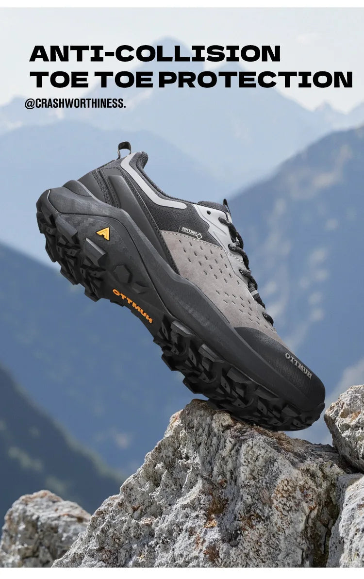 Chaussures de randonnée / trail low-top pour femme "HUMTTO - HT-160560B" grises et blanches en cuir véritable, semelle noire, accents roses, logo Humtto sur le côté et le dessus-idéales pour la randonnée.