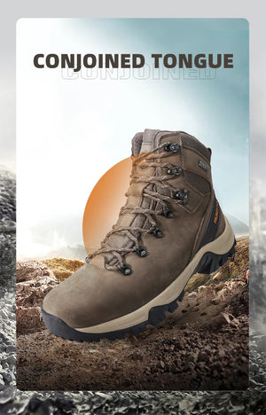 Les "HUMTTO - 230914A" sont des bottines d'alpinisme pour homme avec semelle grise, œillets métalliques, cuir véritable et logo "HUMTTO" orange, offrant une protection 100% imperméable pour la randonnée.