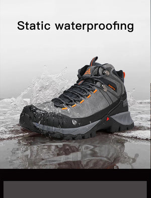 Les Chaussures de randonnée mid-top Humtto HT-250486B pour femme, en cuir véritable gris clair et beige avec accents bleus, semelle robuste et technologie Static Waterproof, idéales comme bottines d'alpinisme imperméables.