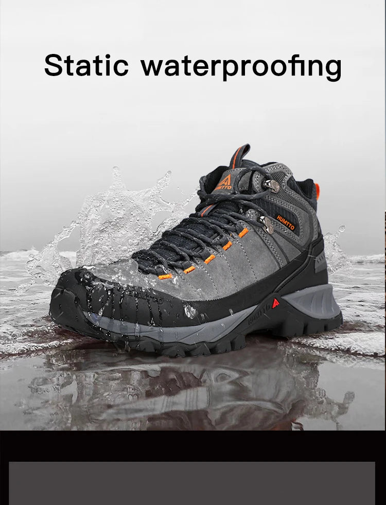 Les Chaussures de randonnée mid-top Humtto HT-250486B pour femme, en cuir véritable gris clair et beige avec accents bleus, semelle robuste et technologie Static Waterproof, idéales comme bottines d'alpinisme imperméables.