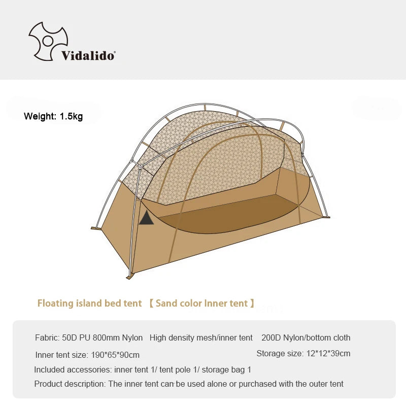 Deux tentes flottantes Vidalido pour une personne, avec moustiquaire et double paroi, sont installées sur l'herbe dans une zone boisée. Elles offrent un confort et une durabilité idéaux pour les aventures en plein air pendant trois saisons.
