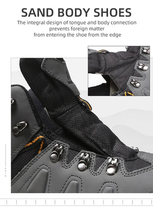 Les chaussures de randonnée montantes pour hommes Humtto "HUMTTO - HT-220463A" sont dotées d'une tige résistante aux éclaboussures et d'une semelle robuste avec des accents orange, soulignant leur design et leur protection imperméable.