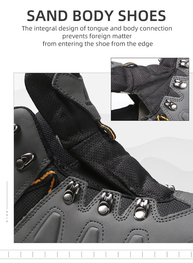 Les chaussures de randonnée montantes pour hommes Humtto "HUMTTO - HT-220463A" sont dotées d'une tige résistante aux éclaboussures et d'une semelle robuste avec des accents orange, soulignant leur design et leur protection imperméable.