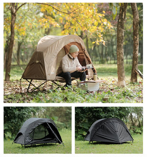 Deux tentes flottantes Vidalido pour une personne, avec moustiquaire et double paroi, sont installées sur l'herbe dans une zone boisée. Elles offrent un confort et une durabilité idéaux pour les aventures en plein air pendant trois saisons.