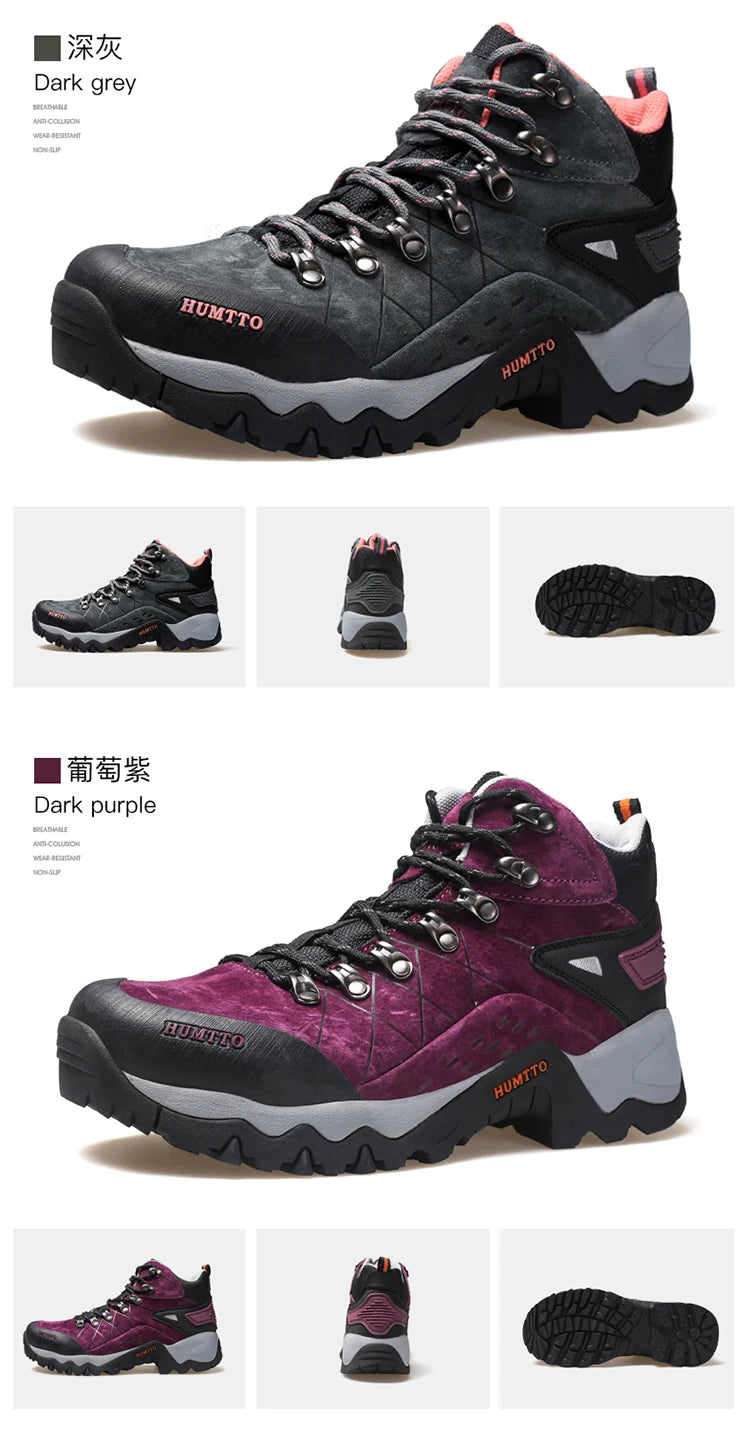 La Humtto Chaussures de randonnée mid-top "HT-210696B" pour femmes présente un design beige et vert, une semelle robuste, des œillets métalliques, un talon renforcé et une protection contre les éclaboussures, vue de côté.