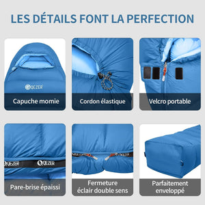 Sac de couchage momie en duvet de canard  RDS 650 FP Confort -10°C "Qezer - QDM-1500H" Planète Rando