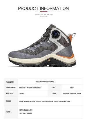 Gris et orange Humtto HT-260587E mid-top bottines alpinisme avec protection Splash-proof, semelle crantée et molette latérale de serrage, présentées sur fond blanc avec logo Humtto. Idéales comme chaussures hydrophobes pour enfants aventuriers.