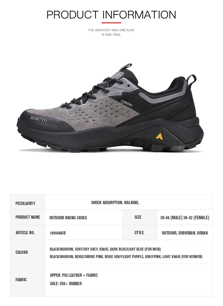 Chaussures de randonnée / trail low-top pour femme "HUMTTO - HT-160560B" grises et blanches en cuir véritable, semelle noire, accents roses, logo Humtto sur le côté et le dessus-idéales pour la randonnée.