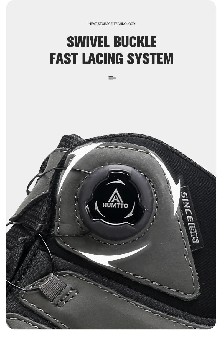 La HUMTTO - HT-240217C est une chaussure de randonnée mid-top noire pour homme avec cuir de vache durable, doublure polaire, technologie Static Waterproof, semelle épaisse, côtés texturés et système de laçage à molette, présentée sur un fond blanc.