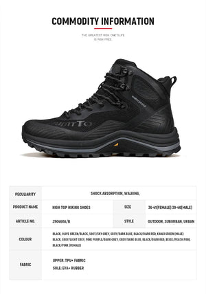 Les chaussures de randonnée Humtto "HT-250460B" pour femmes sont dotées de la technologie Static Waterproof, d'un design gris/rose, d'une semelle robuste, d'un lacet à l'avant et d'un support pour la cheville. Imperméables et respirantes. Affichées sur un fond blanc.