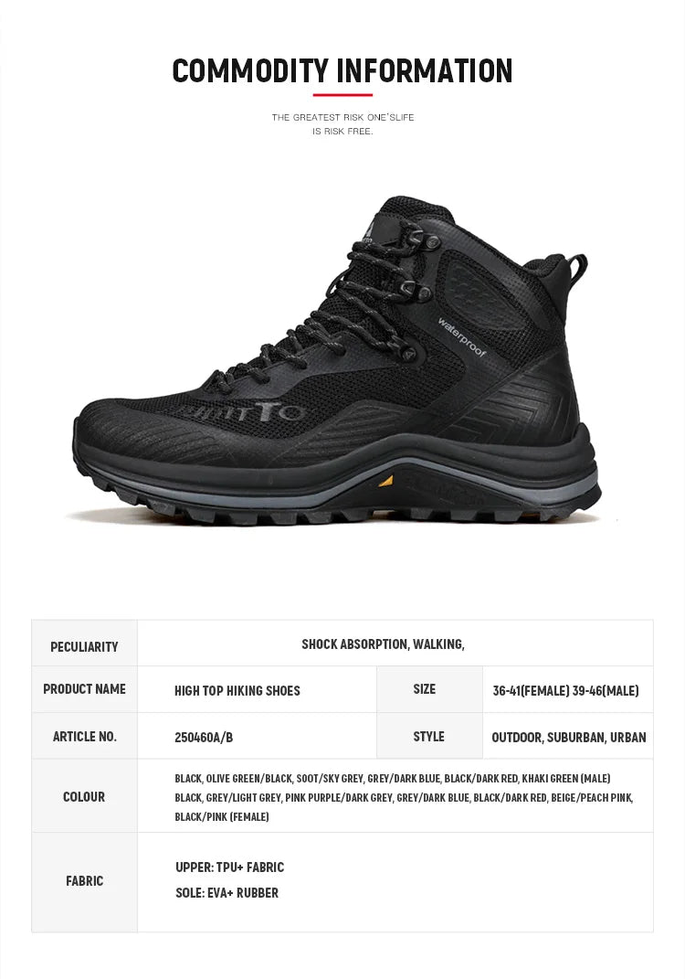 Les chaussures de randonnée Humtto "HT-250460B" pour femmes sont dotées de la technologie Static Waterproof, d'un design gris/rose, d'une semelle robuste, d'un lacet à l'avant et d'un support pour la cheville. Imperméables et respirantes. Affichées sur un fond blanc.