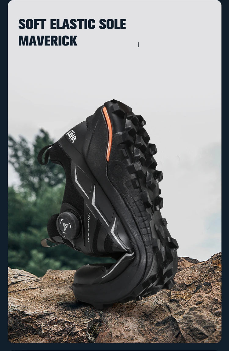 Chaussures de trail Humtto "RKT Explosive force" pour femmes, blanches et grises, avec semelle noire, accents jaunes et roses, laçage à bouton tournant et technologie Event® Dynamic Waterproof.