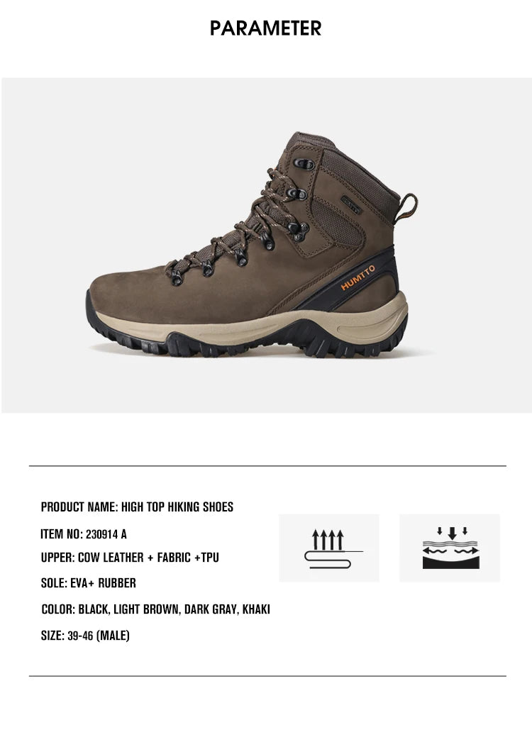 Les "HUMTTO - 230914A" sont des bottines d'alpinisme pour homme avec semelle grise, œillets métalliques, cuir véritable et logo "HUMTTO" orange, offrant une protection 100% imperméable pour la randonnée.