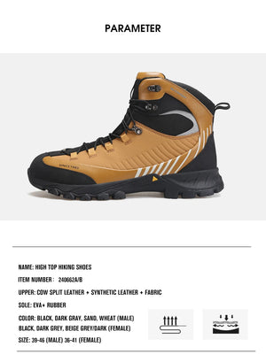 Bottines d'expédition pour homme Humtto "HT-240662A" noires et bleues, 100% imperméables, semelle renforcée et antidérapante. L'encart montre l'eau qui s'écoule. Idéales pour aventures outdoor, gardent vos pieds au sec et stables.