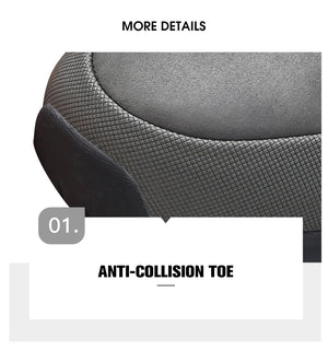 La HUMTTO - HT-240217C est une chaussure de randonnée mid-top noire pour homme avec cuir de vache durable, doublure polaire, technologie Static Waterproof, semelle épaisse, côtés texturés et système de laçage à molette, présentée sur un fond blanc.