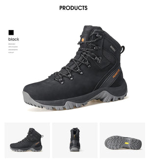Les "HUMTTO - 230914A" sont des bottines d'alpinisme pour homme avec semelle grise, œillets métalliques, cuir véritable et logo "HUMTTO" orange, offrant une protection 100% imperméable pour la randonnée.