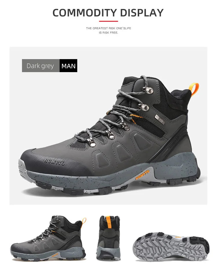 Les chaussures de randonnée montantes pour hommes Humtto "HUMTTO - HT-220463A" sont dotées d'une tige résistante aux éclaboussures et d'une semelle robuste avec des accents orange, soulignant leur design et leur protection imperméable.