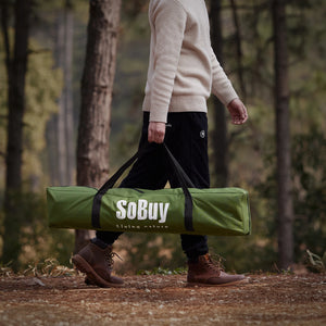 Le SoBuy Lit de camp hybride avec tente 3 en 1 pour 1 personne "OGS32-II" comprend une tente en polyester vert, des pieds en aluminium, une fenêtre latérale, une moustiquaire et une pochette de rangement.