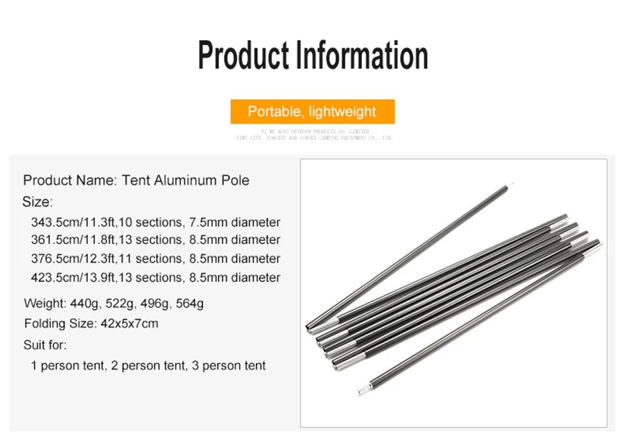 Desert & Fox – tente légère avec poteaux en aluminium, 1 paire de tiges en aluminium de remplacement, accessoires d'abri-soleil, équipement de Camping Planète Rando