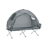 Le SoBuy Lit de camp hybride avec tente 3 en 1 pour 1 personne "OGS32-II" comprend une tente en polyester vert, des pieds en aluminium, une fenêtre latérale, une moustiquaire et une pochette de rangement.