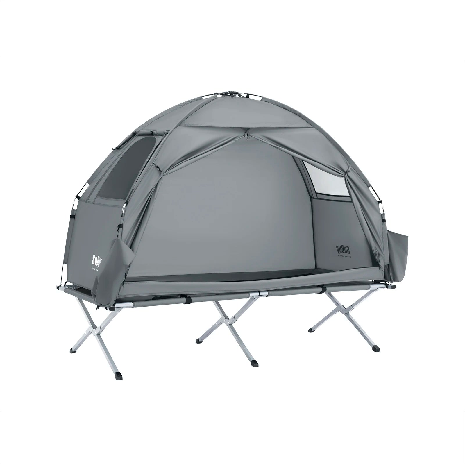Le SoBuy Lit de camp hybride avec tente 3 en 1 pour 1 personne "OGS32-II" comprend une tente en polyester vert, des pieds en aluminium, une fenêtre latérale, une moustiquaire et une pochette de rangement.