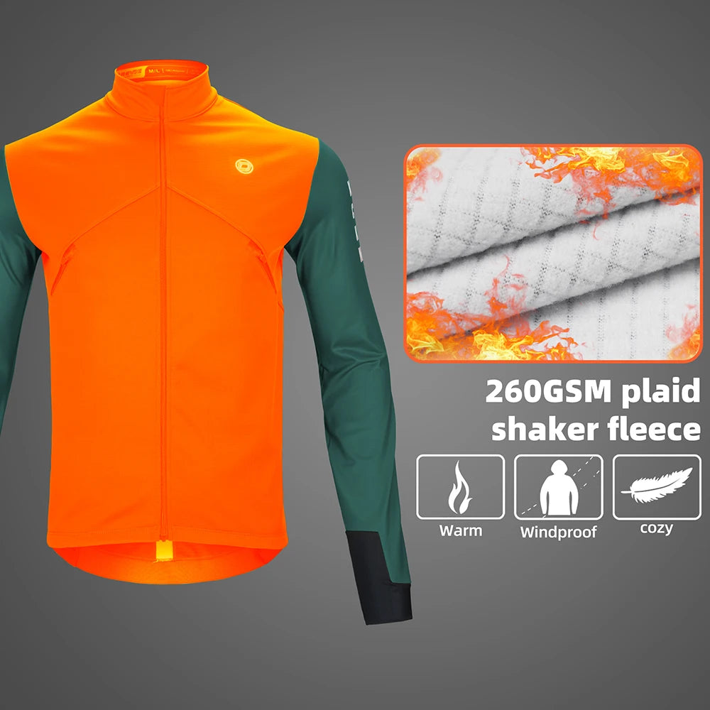 Trois vestes DAREVIE "Veste de cyclisme & coupe-vent polaire manches longues pour homme DVJ330" de différentes couleurs sont présentées, avec un graphique enflammé sur une manche illustrant la chaleur et la rétention de la chaleur de la conception.