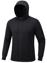 Veste de protection solaire UPF 50+ noire Planète Rando pour homme, avec capuche, manches longues, poches latérales, fond blanc.