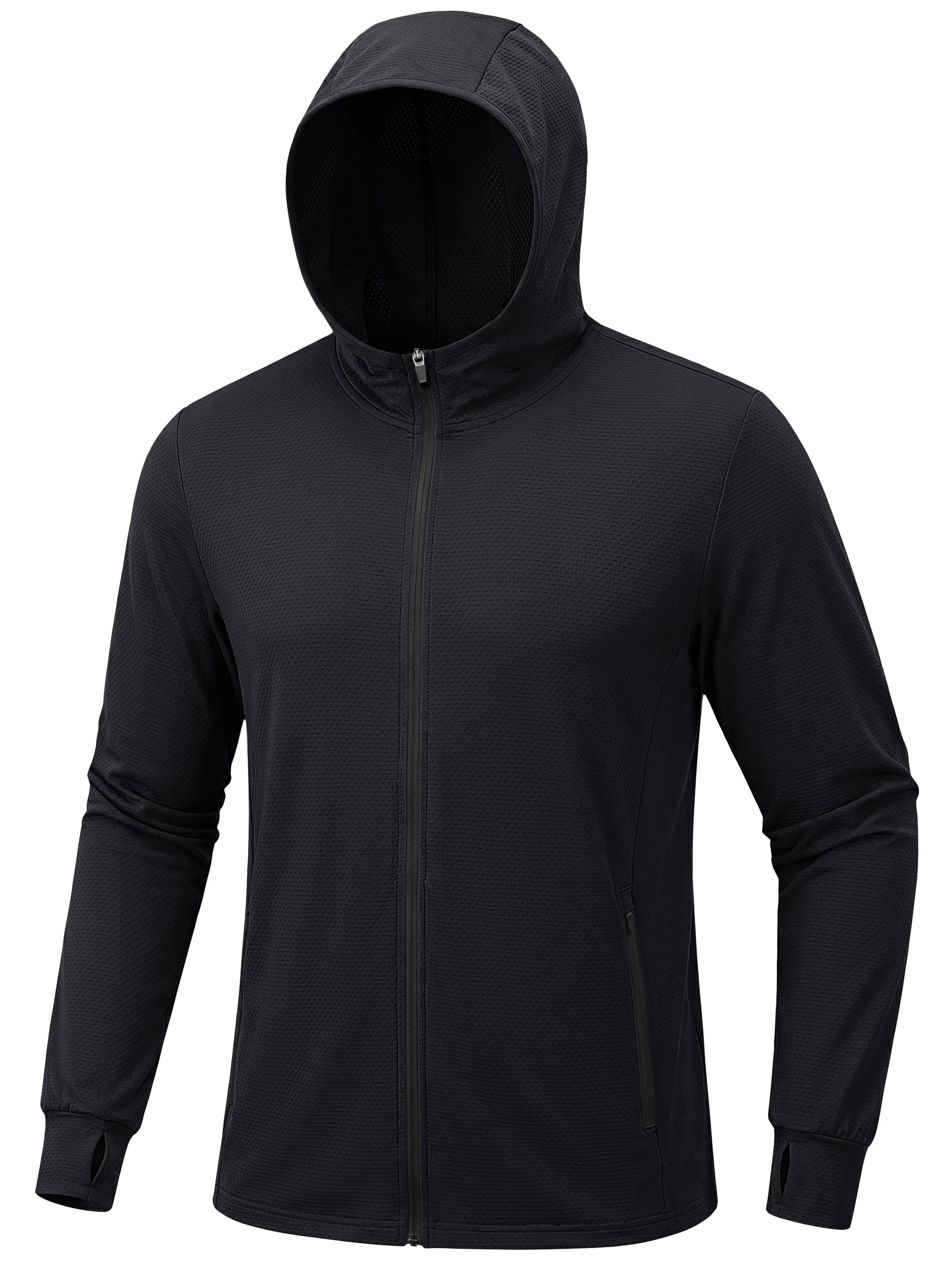 Veste de protection solaire UPF 50+ noire Planète Rando pour homme, avec capuche, manches longues, poches latérales, fond blanc.