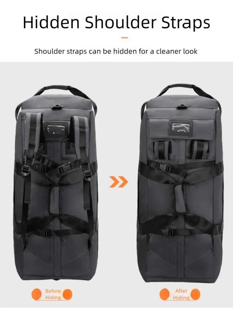 Large black 80L Snap Tactical Sac de voyage à roulettes, pliable et résistant, avec bandoulière et bretelles. L'encart montre une personne tirant le Snap Tactical Duffle Bag par sa poignée sur roulettes.