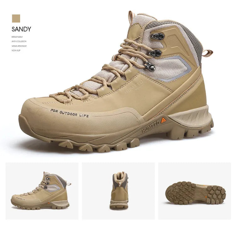 Humtto "HT-240783A" chaussures de randonnée high-top 100% imperméables pour homme, avec semelle robuste, empiècements en mesh et bout renforcé, exposées sur fond blanc. Logo Humtto en haut à gauche.