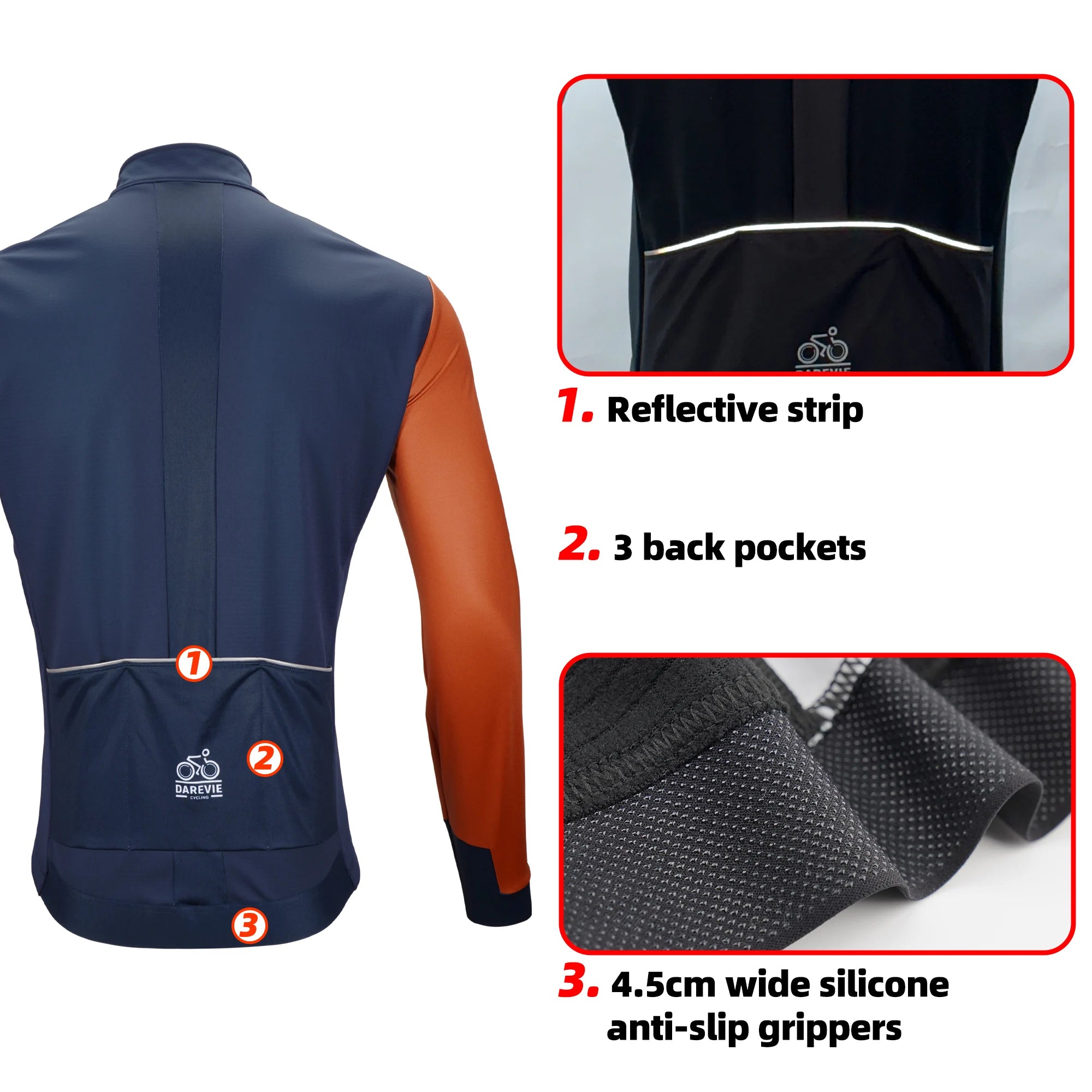 Trois vestes DAREVIE "Veste de cyclisme & coupe-vent polaire manches longues pour homme DVJ330" de différentes couleurs sont présentées, avec un graphique enflammé sur une manche illustrant la chaleur et la rétention de la chaleur de la conception.