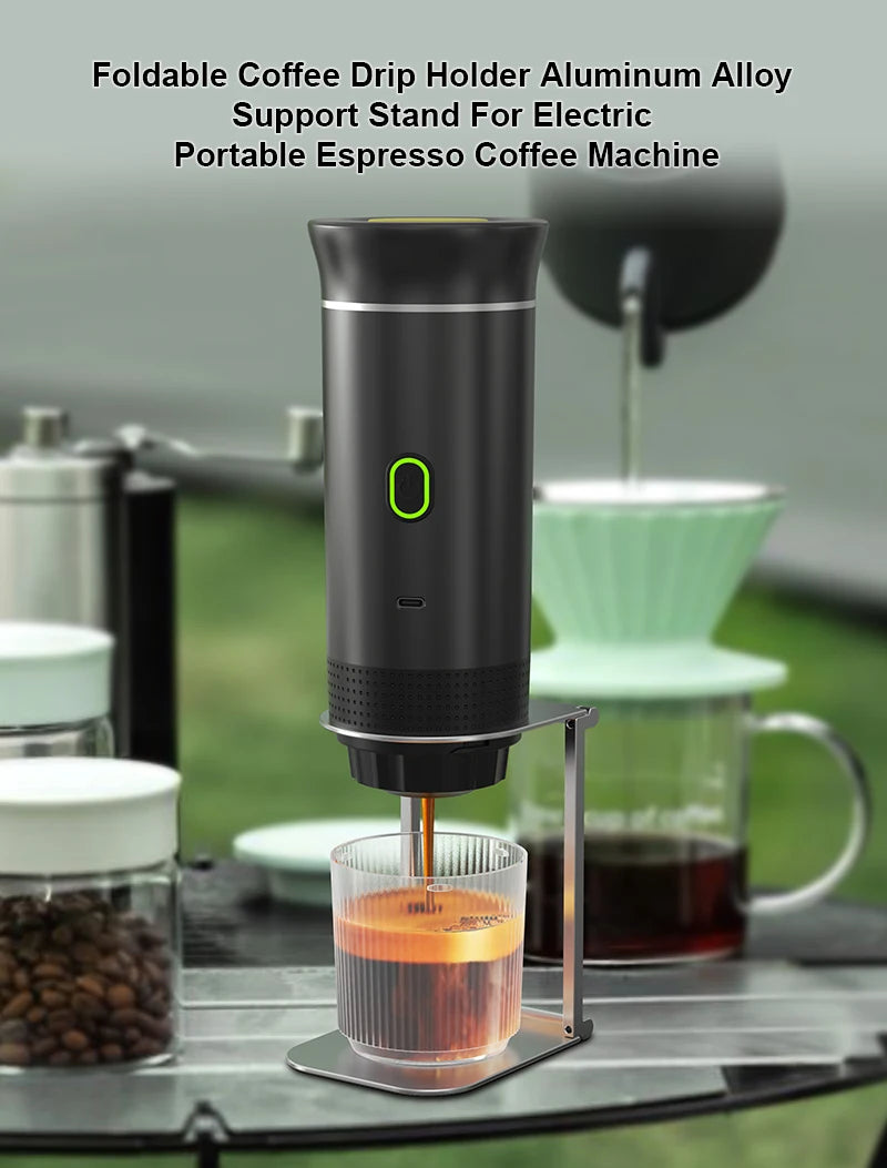 Support DENOKIN pliable en alliage daluminium pour machine à expresso portable, idéal pour le camping.