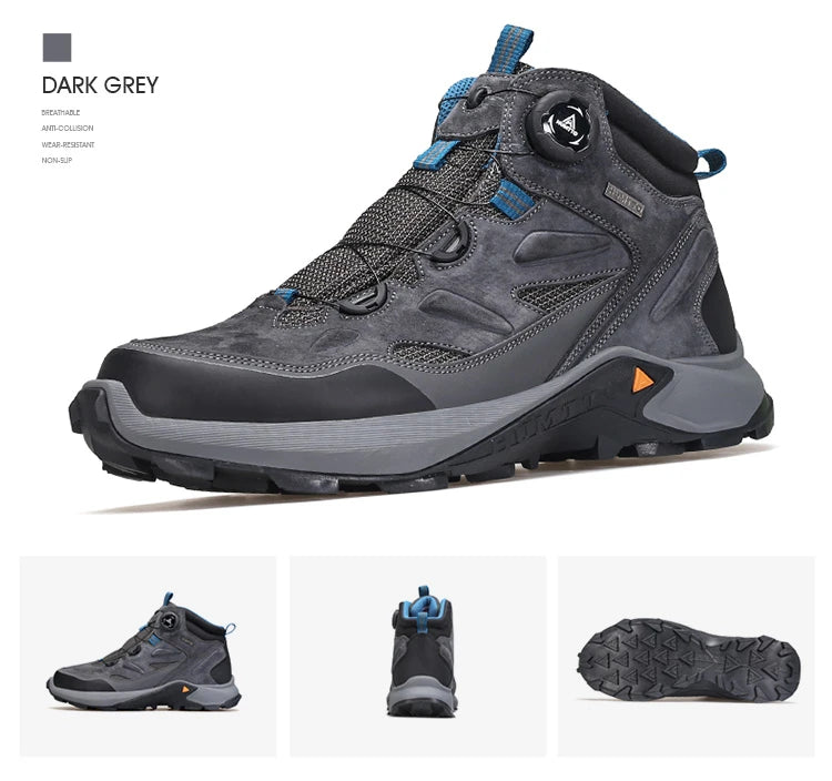 Le modèle Humtto "HUMTTO - HT-240351A" chaussures de randonnée mid-top pour homme, doté d'une protection contre les éclaboussures et d'une semelle robuste, est présenté incliné vers la droite sur un fond blanc.