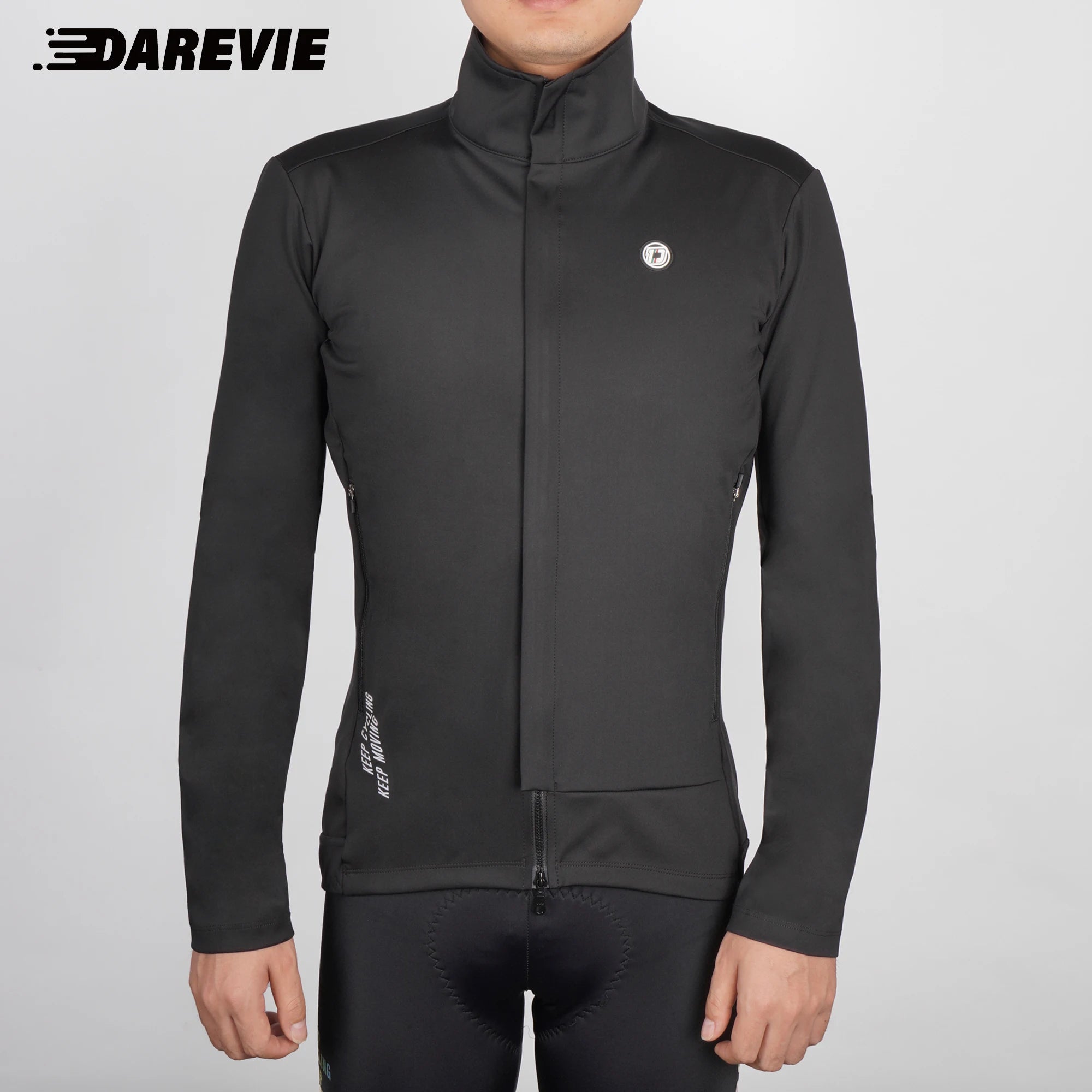Deux DAREVIE Veste de cyclisme d'hiver en polaire thermique résistante à l'eau (DVJ229), l'une bleue et l'autre noire, sont présentées avec un gros plan de la double fermeture éclair et un logo réfléchissant "DAREVIE" dans le coin supérieur gauche. Pour températures de -5 à 10°C.