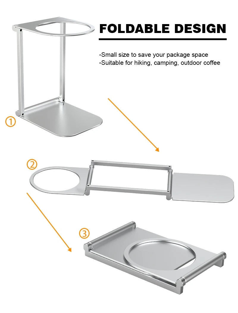 Schéma en 3 étapes du support DENOKIN pliable en aluminium pour machine à expresso portable, compact et facile à transporter.
