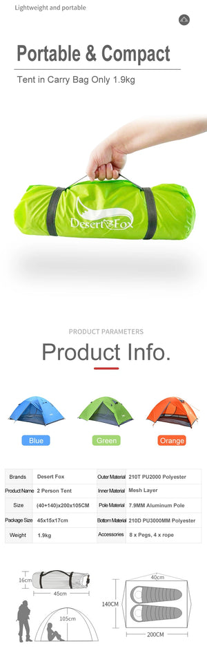 Tente Desert Fox 2 personnes tentes de randonnée légères 3 saisons pour Couple famille randonnée Camping pôle aluminium tente étanche Desert&Fox