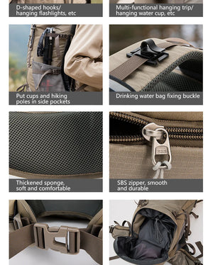 Le BISINNA Sac à dos de trekking 70L (B042), 1,58 kg avec housse de pluie, comporte de multiples compartiments, des poches latérales en filet, des bretelles réglables et une poche frontale zippée.