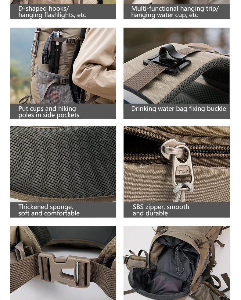 Le BISINNA Sac à dos de trekking 70L (B042), 1,58 kg avec housse de pluie, comporte de multiples compartiments, des poches latérales en filet, des bretelles réglables et une poche frontale zippée.