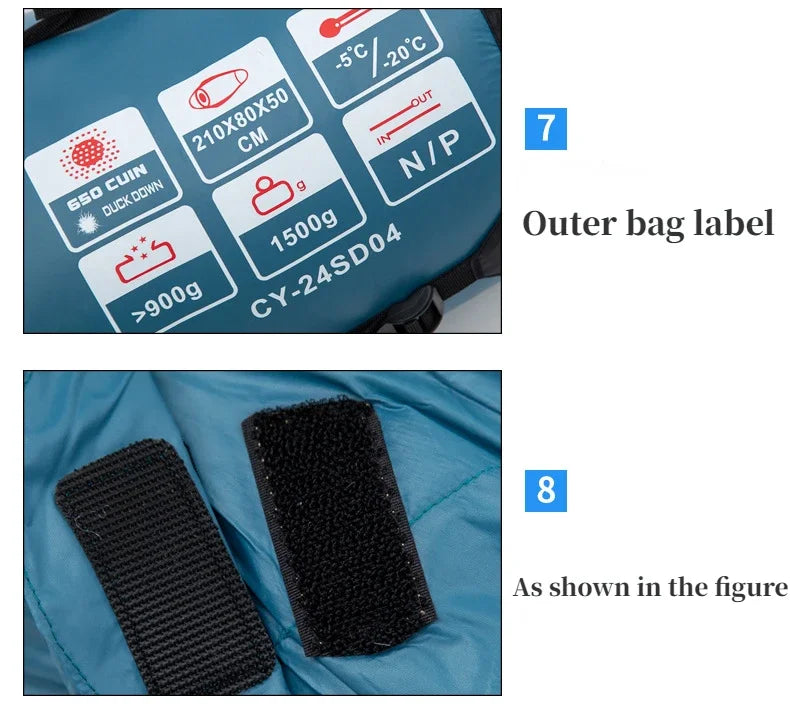 Gros plan sur l’étiquette « JUNGLE KING CY24SD04 » et les bandes Velcro du sac de couchage en duvet 650FP bleu, spécialement conçu pour la randonnée.