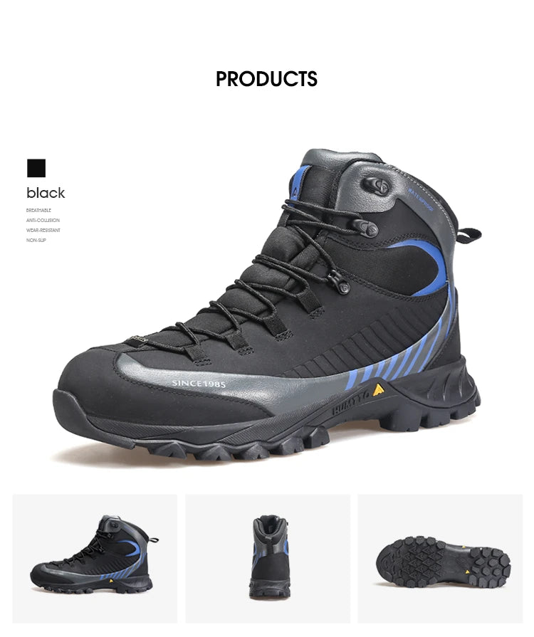 Bottines d'expédition pour homme Humtto "HT-240662A" noires et bleues, 100% imperméables, semelle renforcée et antidérapante. L'encart montre l'eau qui s'écoule. Idéales pour aventures outdoor, gardent vos pieds au sec et stables.