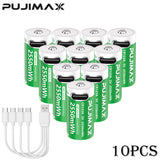 Lot de 10 piles lithium-ion PUJIMAX CR123A 3 V haute capacité 2550 mW avec câble USB-C, idéal pour les équipements de plein air.