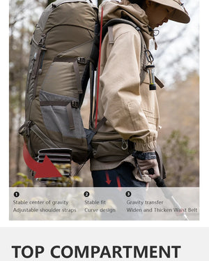 Le BISINNA Sac à dos de trekking 70L (B042), 1,58 kg avec housse de pluie, comporte de multiples compartiments, des poches latérales en filet, des bretelles réglables et une poche frontale zippée.