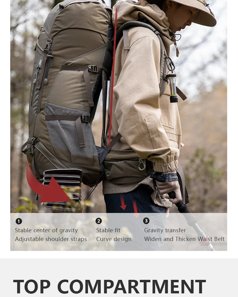 Le BISINNA Sac à dos de trekking 70L (B042), 1,58 kg avec housse de pluie, comporte de multiples compartiments, des poches latérales en filet, des bretelles réglables et une poche frontale zippée.