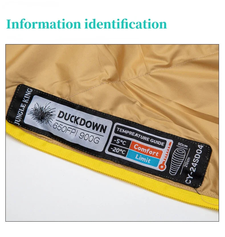 Gros plan sur létiquette intérieure du sac de couchage JUNGLE KING 650FP en duvet de canard : mode demploi et guide des températures.