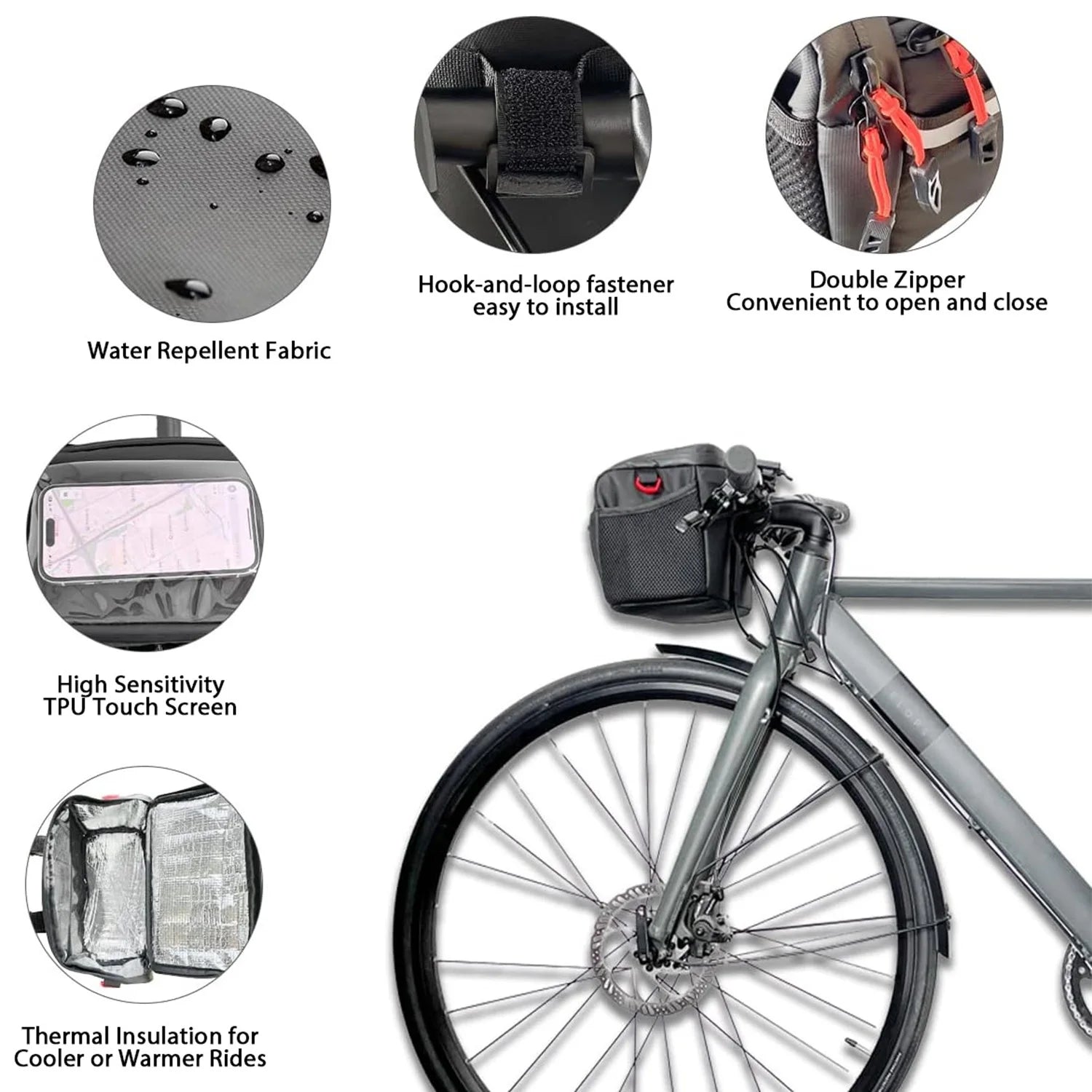 Vélo équipé de la sacoche de guidon isotherme Toptrek 4 L, en tissu imperméable, avec des fermetures robustes et compatible avec les écrans tactiles.