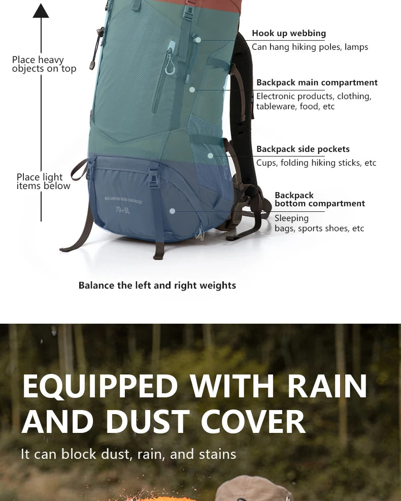 Le BISINNA Sac à dos de trekking 70L (B042), 1,58 kg avec housse de pluie, comporte de multiples compartiments, des poches latérales en filet, des bretelles réglables et une poche frontale zippée.