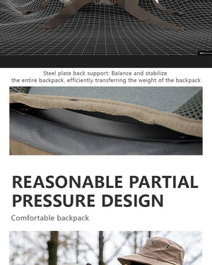 Le BISINNA Sac à dos de trekking 70L (B042), 1,58 kg avec housse de pluie, comporte de multiples compartiments, des poches latérales en filet, des bretelles réglables et une poche frontale zippée.