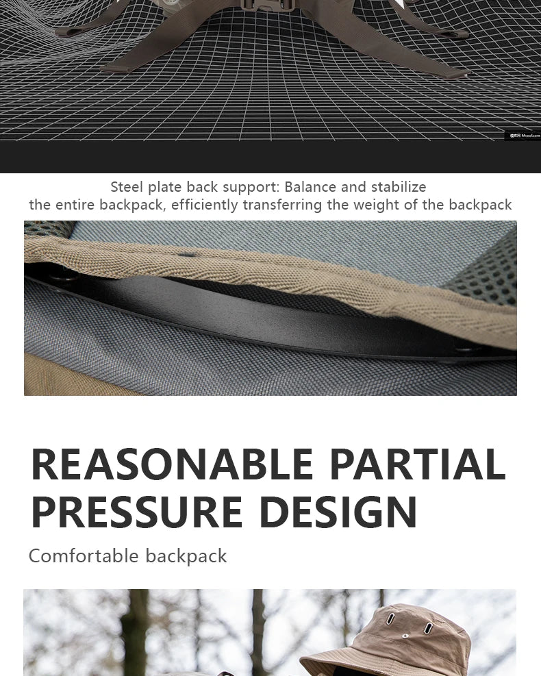 Le BISINNA Sac à dos de trekking 70L (B042), 1,58 kg avec housse de pluie, comporte de multiples compartiments, des poches latérales en filet, des bretelles réglables et une poche frontale zippée.